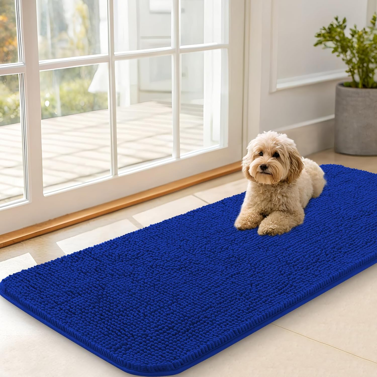 OLANLY Dog Door Mat - Absorbent Non-Slip Chenille Mat for Muddy Paws | 47x20 Royal Blue Indoor Carpet