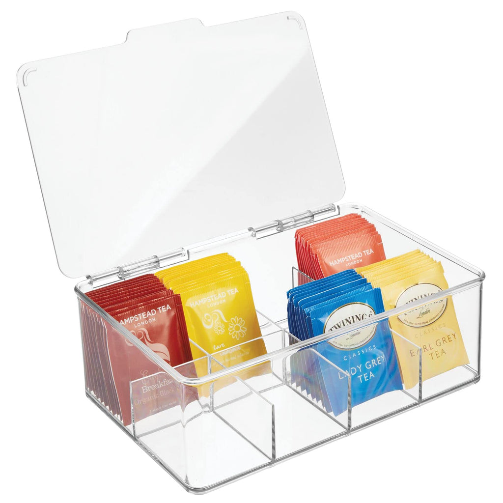 mDesign Tea Bag Single Serve Pouch Divided Box Holder Organizer, Clear