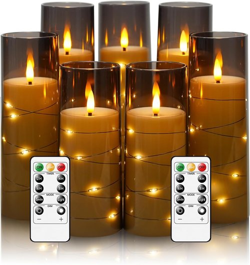 Eebuss Flameless Candles - Battery Operated LED Pillar with Timer & Remote Control | Set of 7 Grey