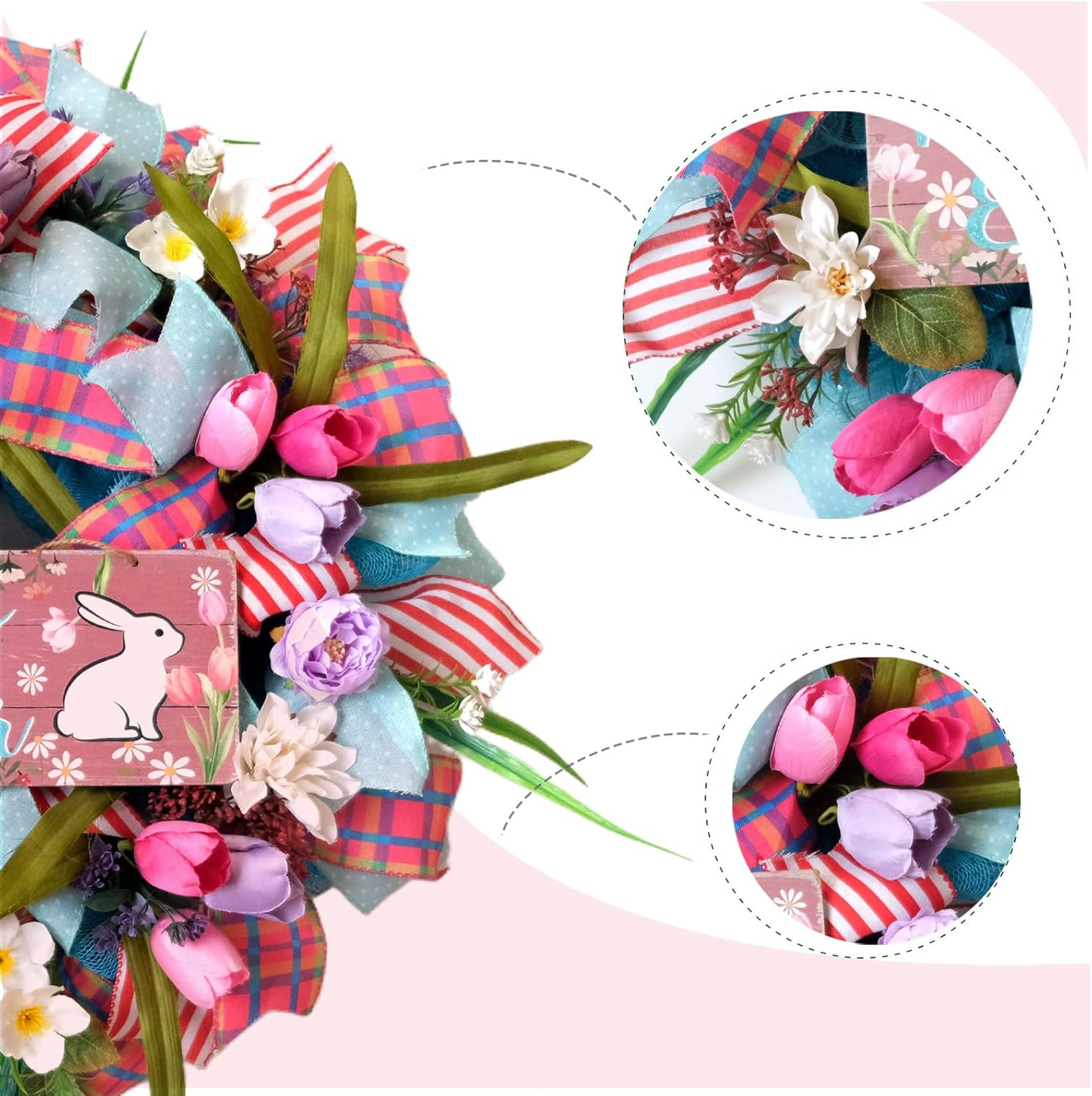 Regine Switzerland 22-Inch Easter Bunny Wreath - Spring Decor with Pink Tulips & Flowers
