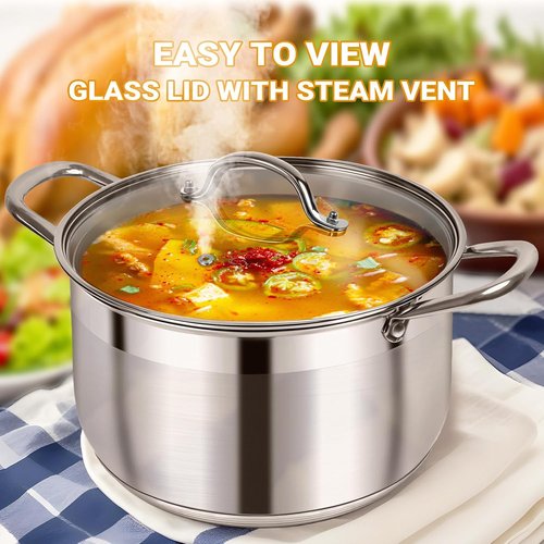 Kirecoo Stainless Steel Stock Pot - 12 Quart Heavy-Duty Cooking Pot with Visible Lid for Pasta & Soup