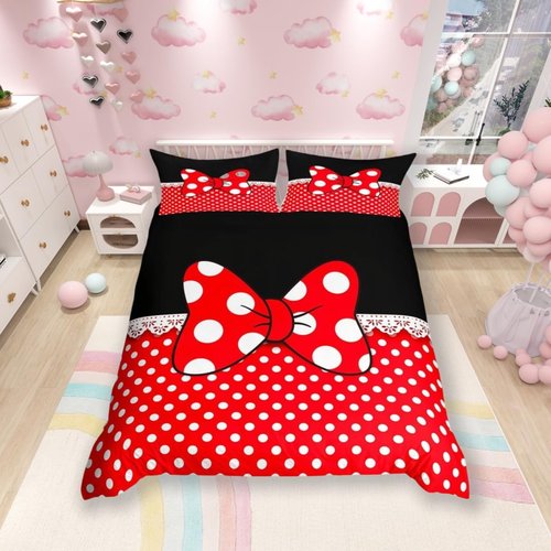 Homewish Bowknot Duvet Cover Set King Size,White Dots Bedding Set 3pcs for Kids Teens Girls Boys Room Decor, Romantic Princess Style Comforter Cover Red and Black Quilt Cover with 2 Pillowcases