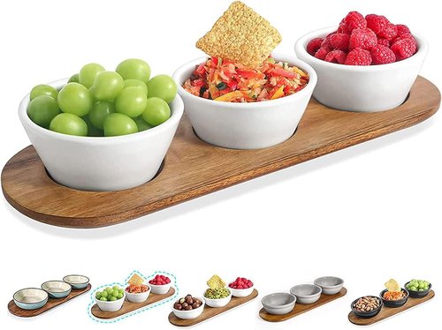 Artena 10oz Ultra-Fine Porcelain Chips and Dip Platter - Acacia Wooden Tray & 4.75-Inch Bowls for Entertaining