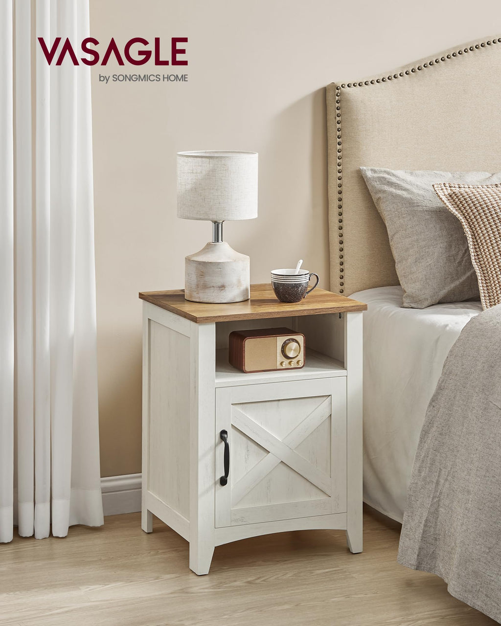 VASAGLE LIRY Collection - Farmhouse Nightstand with Barn Door, Bedside Table with Storage, Side End Table, Night Stand, Open Compartment, for Bedroom, Rustic White and Honey Brown ULET609K41