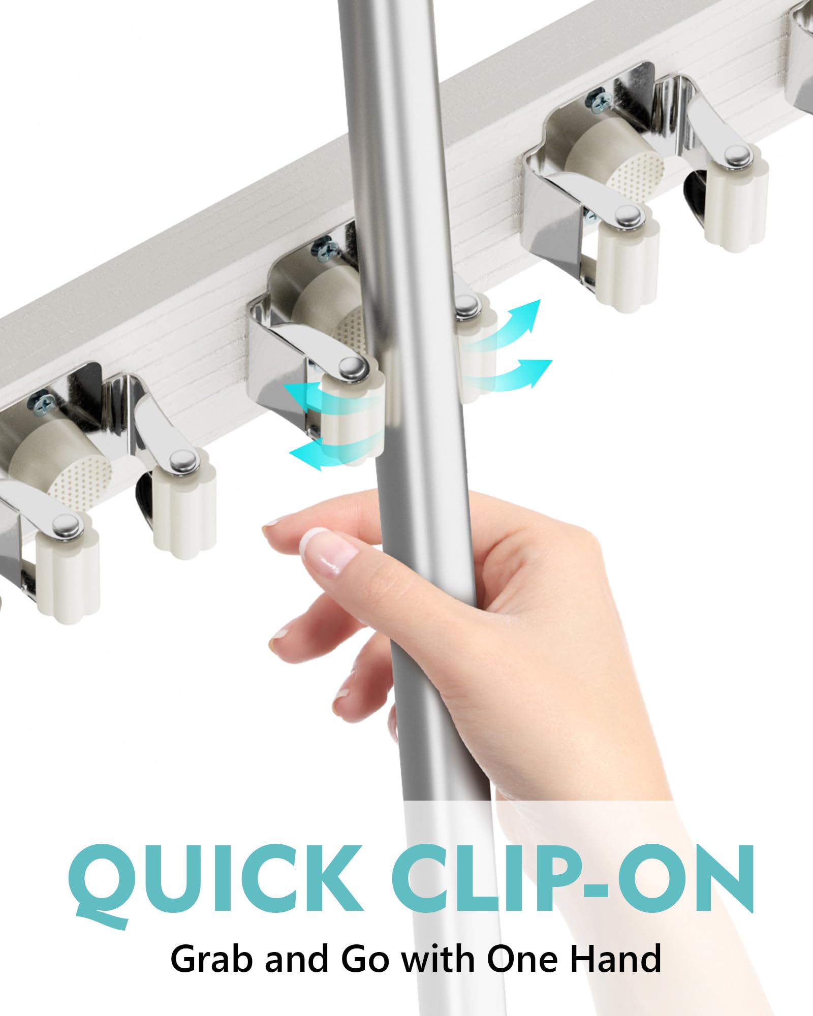 Vosturdy Mop and Broom Holder Wall Mount, No Drill Over the Door Broom and Mop Holder with 4 Slots and 4 Hooks, Wood Tool Hanger for Laundry, Cabinet, Kitchen, Garage