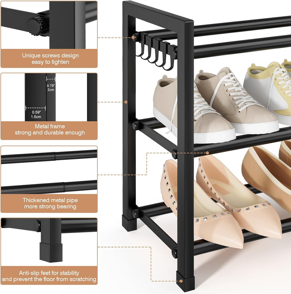 Skiennix Expandable Shoe Rack - Adjustable 3-Tier Organizer for 18 Pairs | Sturdy Metal Storage in Black