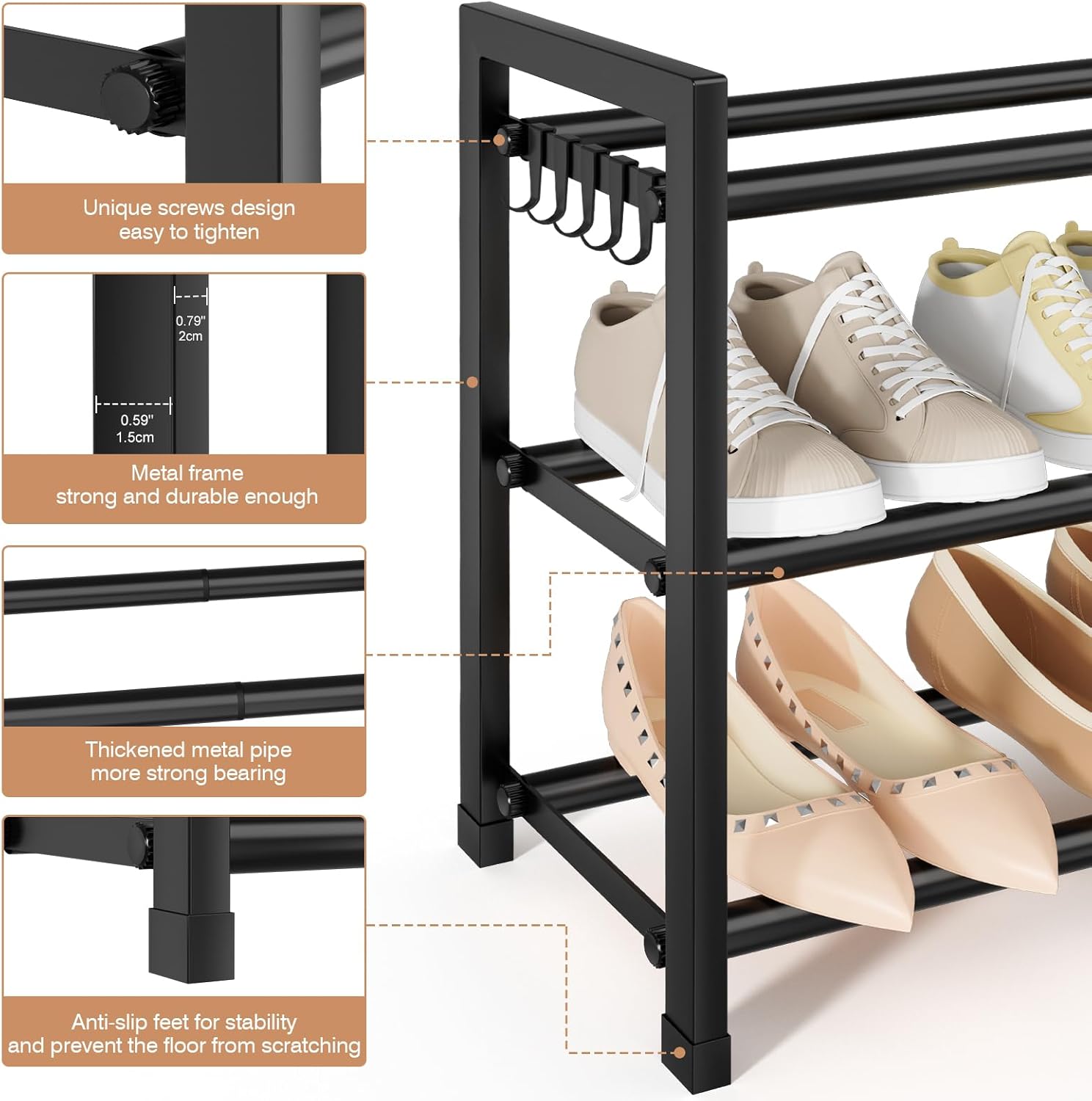 Skiennix Expandable Shoe Rack - Adjustable 3-Tier Organizer for 18 Pairs | Sturdy Metal Storage in Black