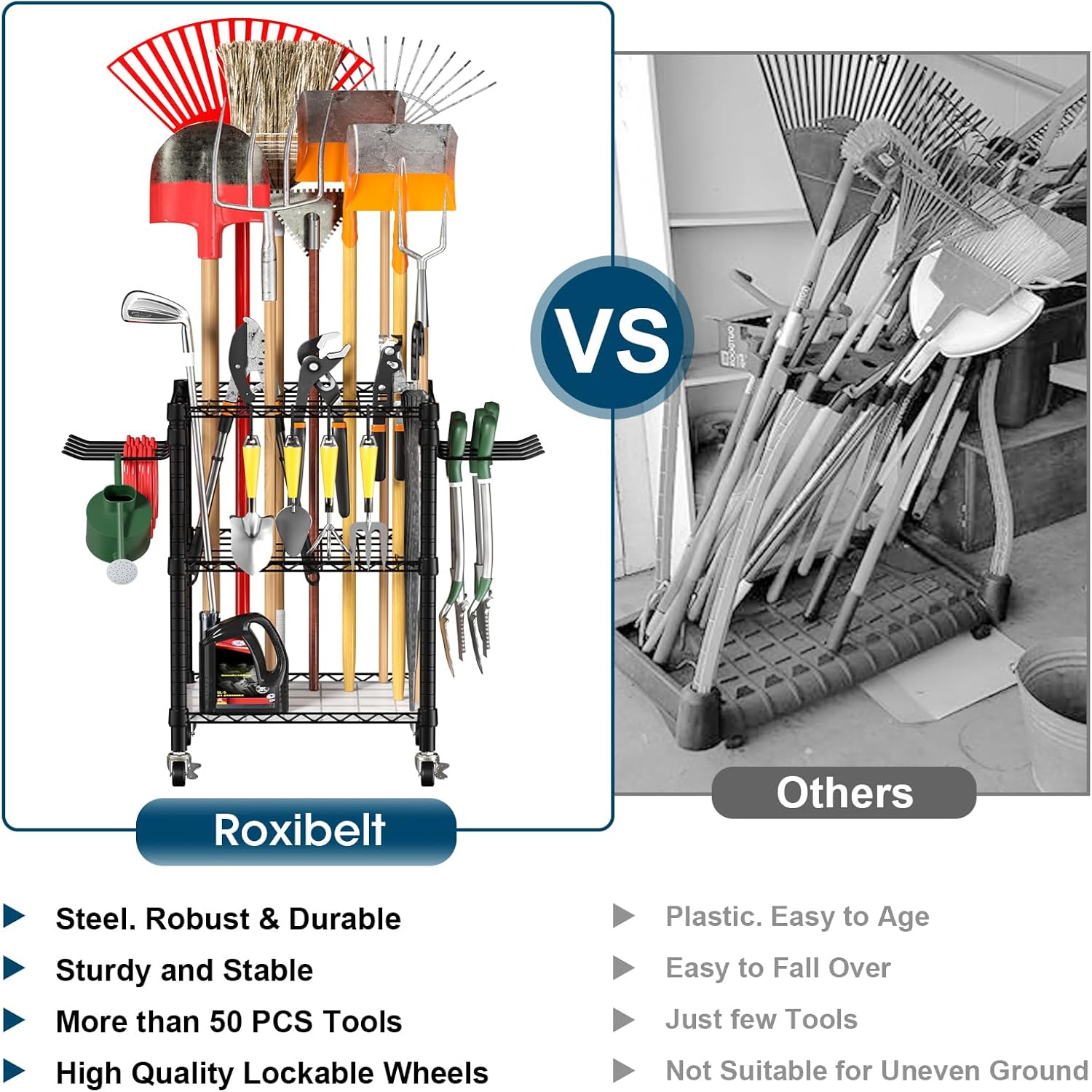 **T1 Garden Tool Organizer - Heavy Duty Freestanding Storage with Lockable Wheels | Holds Up to 50 Tools, Black**
