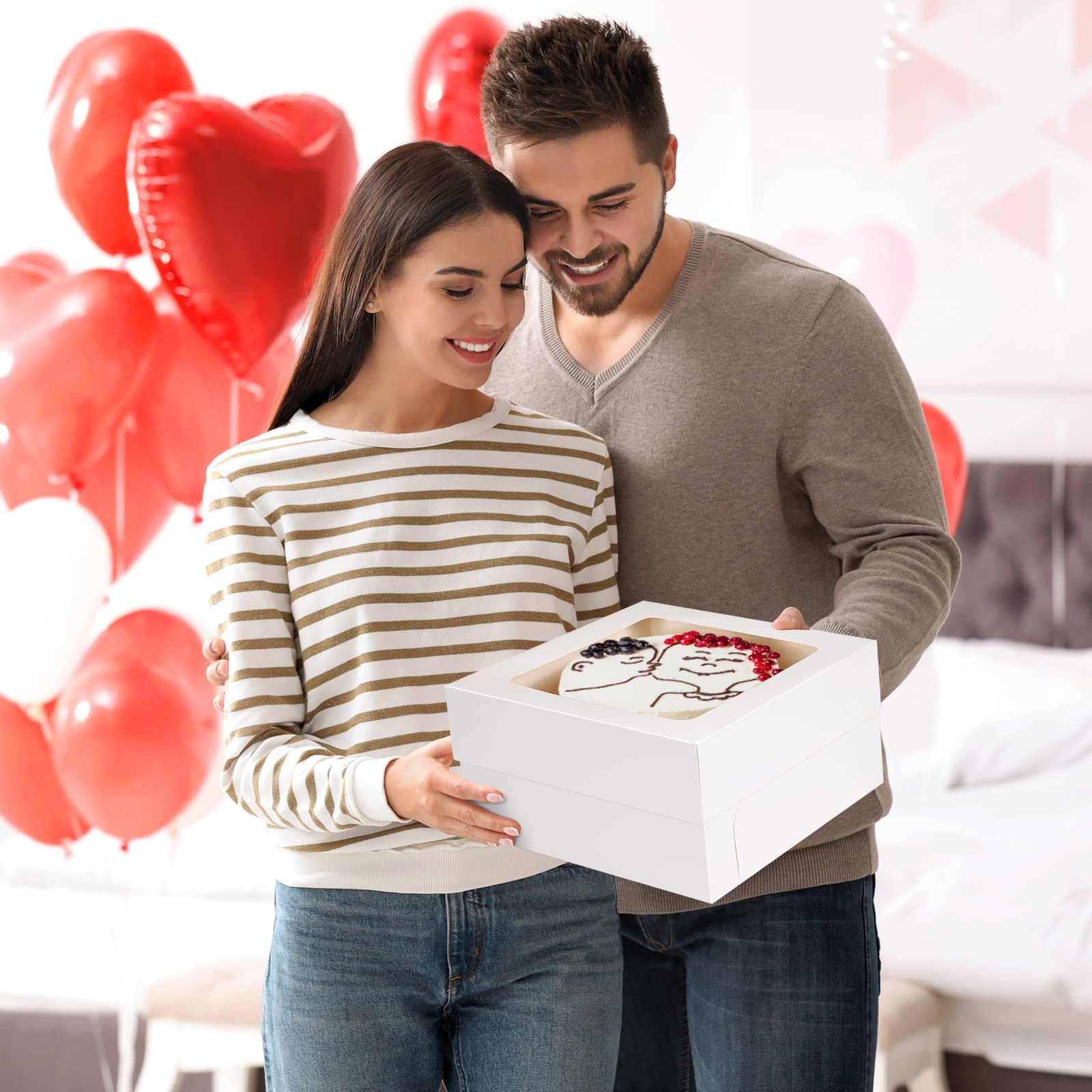 Moretoes 30pcs Cake Boxes, 12x12x6 Inch Square Bakery Boxes with Window Cajas Pasteles for Valentine's Day, Mother's Day, Pastries, Chocolates, Cookies, Pie, Birthday Party, Wedding, Easter