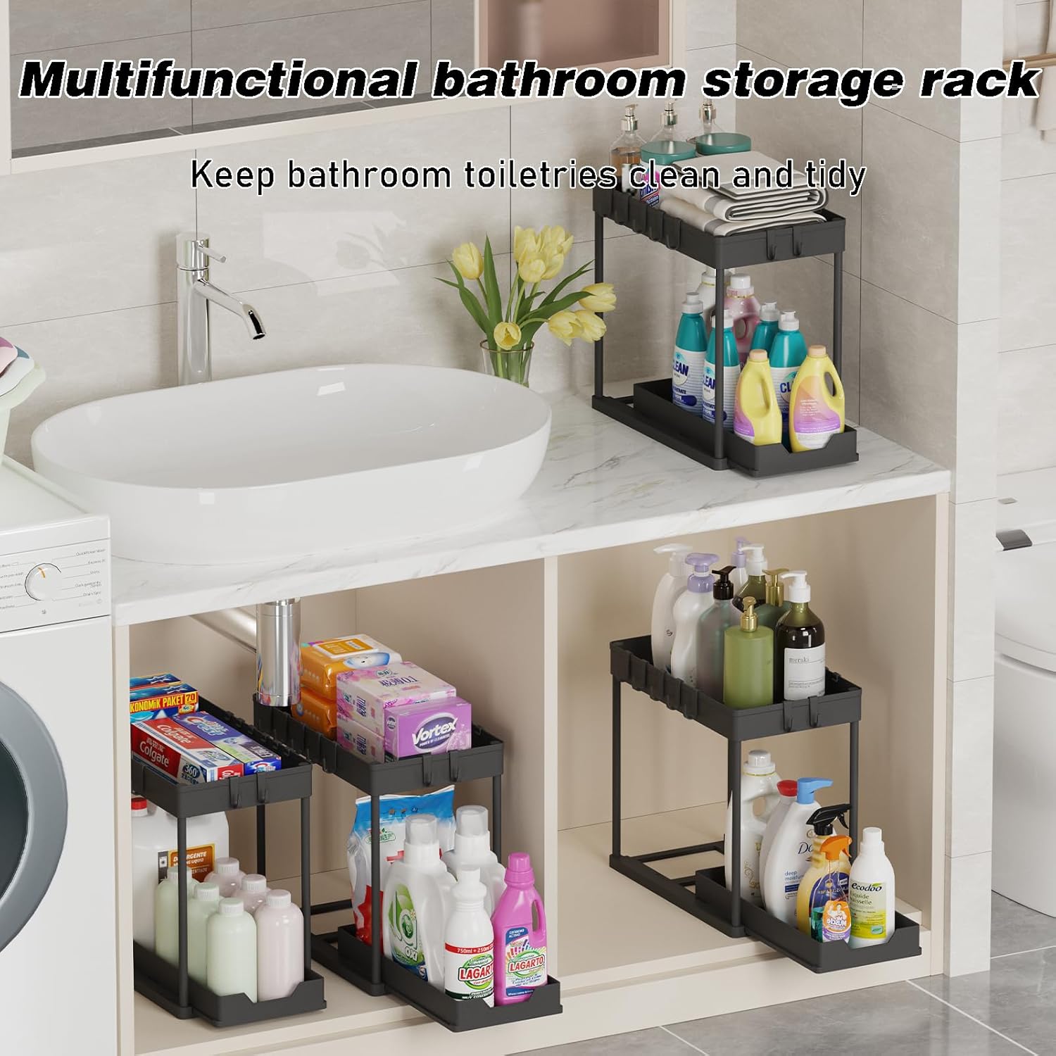 Under Sink Organizer by [Brand Name] - 2 Pack Bathroom Storage with Pull-Out Sliding Drawers | 12.8 Inch, Black