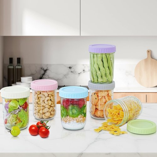 Miuyhji Overnight Oats Containers with Lids, 6-Pack Glass Mason Jars 16 oz with Lids Wide Mouth, Reusable Food Storage Containers for Snack, Chia Pudding, Yogurt, Meal Prep, Salad