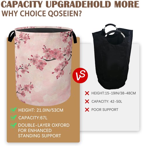 Laundry Hamper,Pink Flower Laundry Basket,Cherry Blossom Waterproof Oxford Cloth Storage Basket with Handle for Clothes Books Nursery Home Storage Sundries 16"x20"