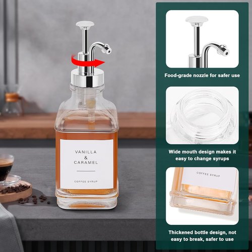 Coffee Syrup Dispenser Set by [Brand Name] - Clear Glass Bottles with Pump | 500ml, Chrome Finish for Coffee Bar