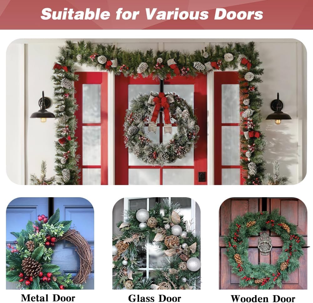 Skiennix Wreath Hangers - 15 Inch Black Metal Over The Door Hooks for Seasonal Decor | 2 Pack