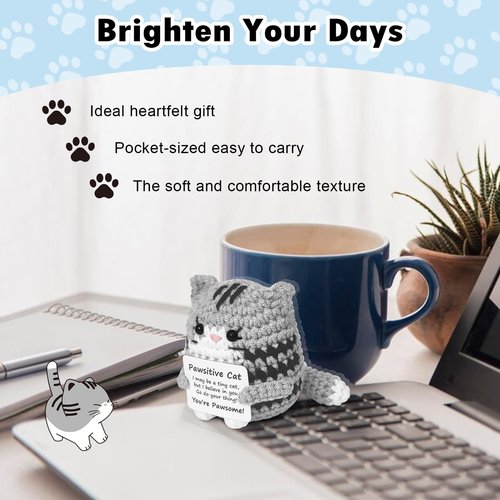 RYOTKIK Positive Crochet Cat Mini Animal Emotional Cheer Up Support Gifts, Funny Crochet Mini Handmade Cat for Women Men Friends Mom Daughter Son Teen Birthday Mothers Day Decor Graduation Gifts