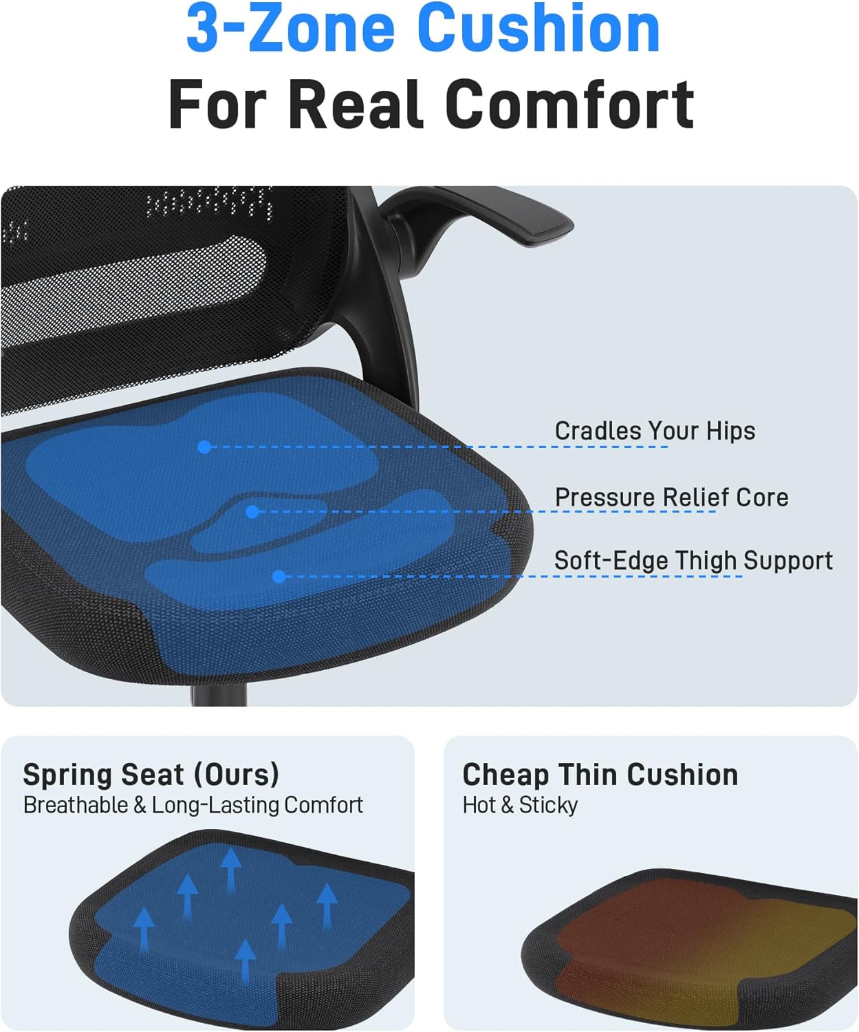Skiennix Ergonomic Mesh Office Chair - Breathable Back, Flip-Up Arms & Thick Cushion | Supports 300 lbs (Black)