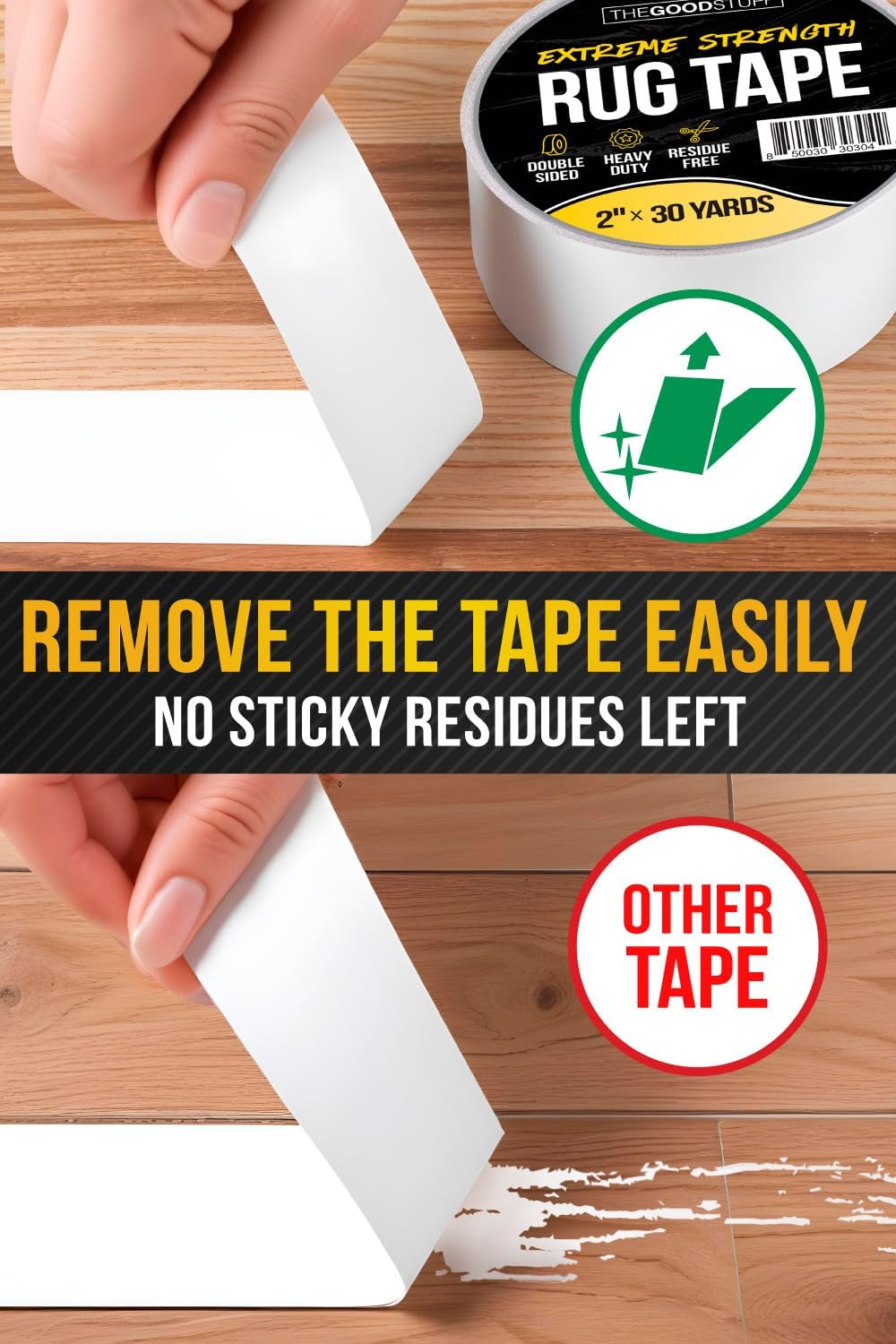 The Good Stuff Double-Sided Carpet Tape - Heavy-Duty Non-Slip Rug Gripper | 2" x 10 Yards - Residue-Free Removal