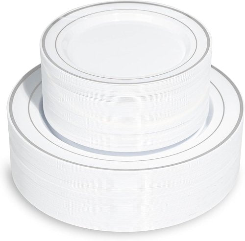 Elegant Disposable Party Plates - 200PCS Silver Rimmed Dinner & Dessert Plates Set