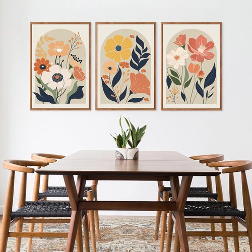 KAIRNE Boho Canvas Wall Art - Abstract Floral Prints Set of 3 (16”x24”) | Modern Minimalist Botanical Decor for Living Room & Office