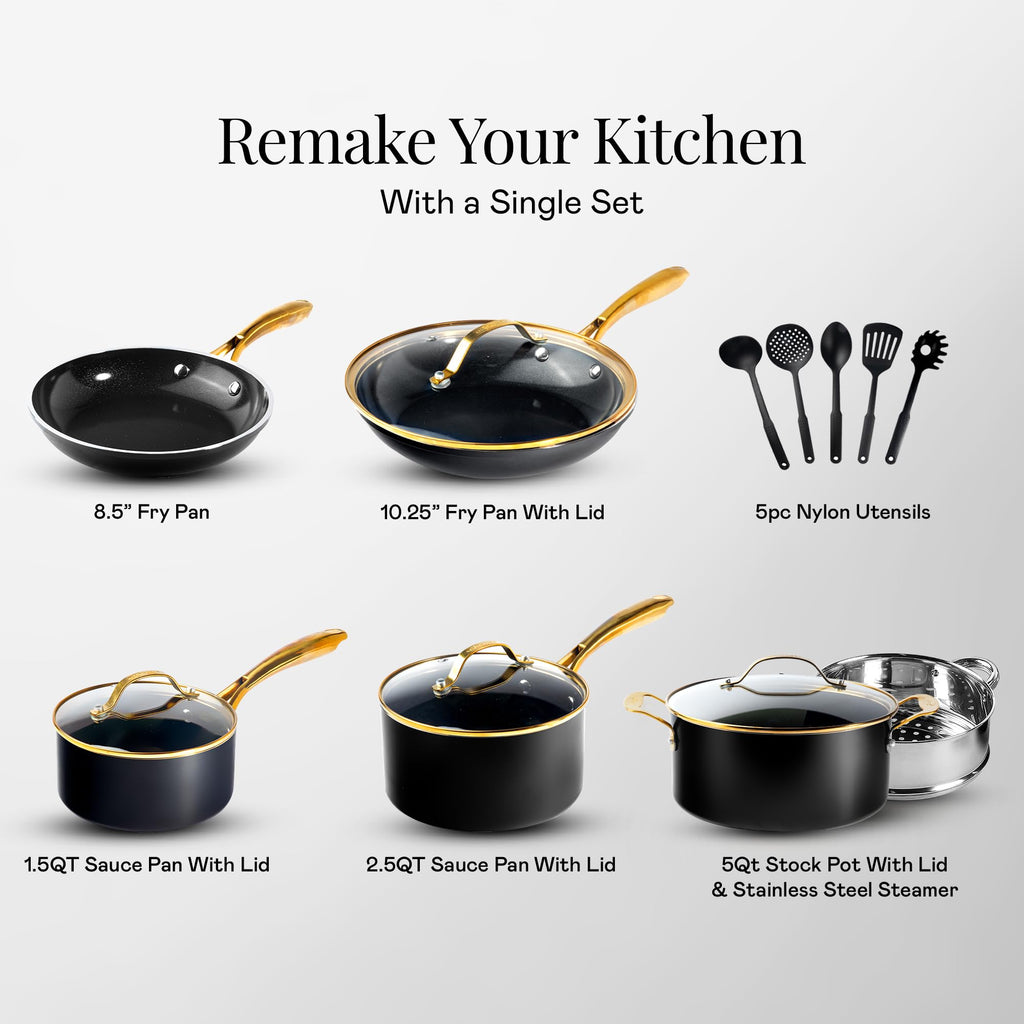 Gotham Steel 15 Pc Ceramic Cookware Set Nonstick, Ceramic Pots and Pans Set Non Stick with Steamer & Cooking Utensils, Non Toxic PFOA PFOS Free, Premium Stay Cool Handles, Oven & Dishwasher Safe