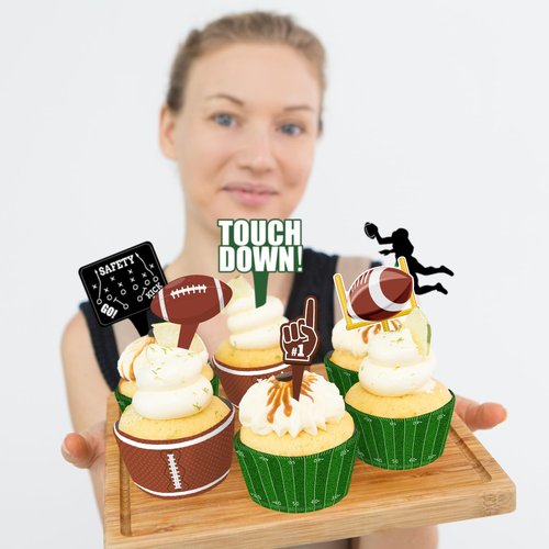 48 Pcs Football Cupcake Toppers and Wrappers Set, Football Theme Birthday Party Decorations Supplies