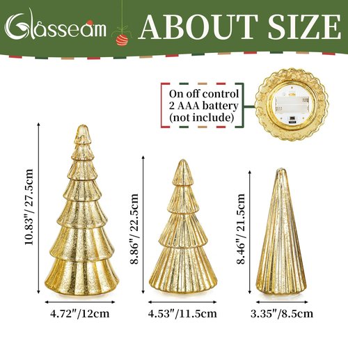 Glasseam Gold Christmas Centerpieces for Table: Set of 3 Mercury Glass Christmas Tree with Lights Tabletop Xmas Trees with Timer for Decorations Indoor Ornaments Fireplace Mantel Decor