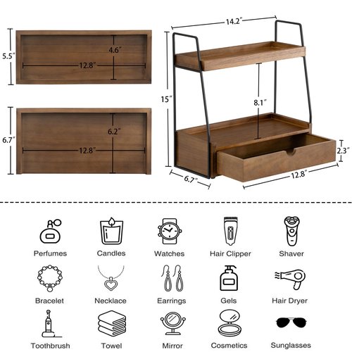 2-Tier Bathroom Organizer Countertop with Drawer, Wood Counter Organizer for Bathroom Decor, Sink Shelf for Vanity Storage, Makeup Tray for Perfume Skincare Bedroom Kitchen Corner