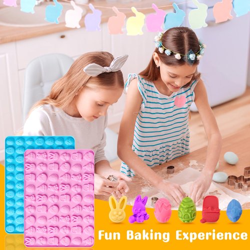 Puyeipt 2 PCS Easter Silicone Molds, 54 Cavity Mini Easter Bunny Mold & 77 Cavity Easter Egg Mold, Easter Rabbit Molds for Candy, Chocolate, Gummy, Cupcake Decor