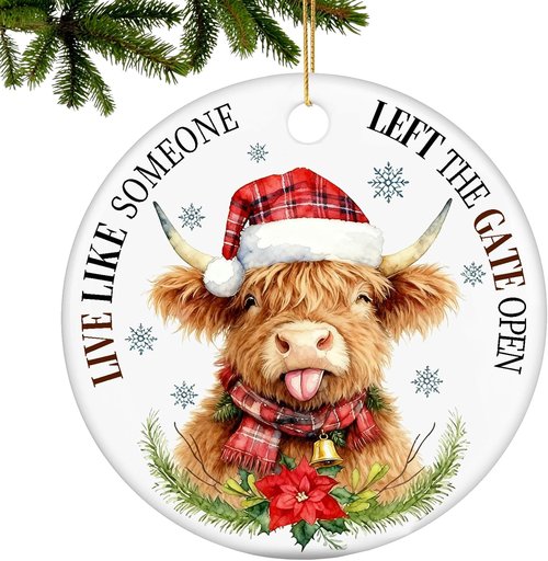 Highland Cow Christmas Tree Ornament - Farmhouse Decor for 2026 | Live Like Someone Left The Gate Open