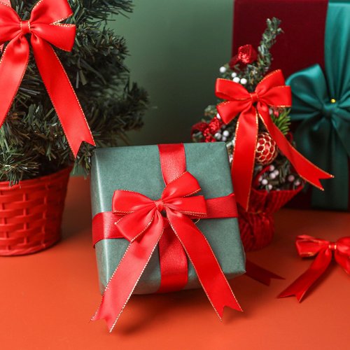 MCPINKY 20PCS Red Satin Bows for Christmas Tree, Glitter Gold Edged Xmas Ornaments – Perfect for Wreaths, Gifts, Bottles, Bags, and Holiday Decor