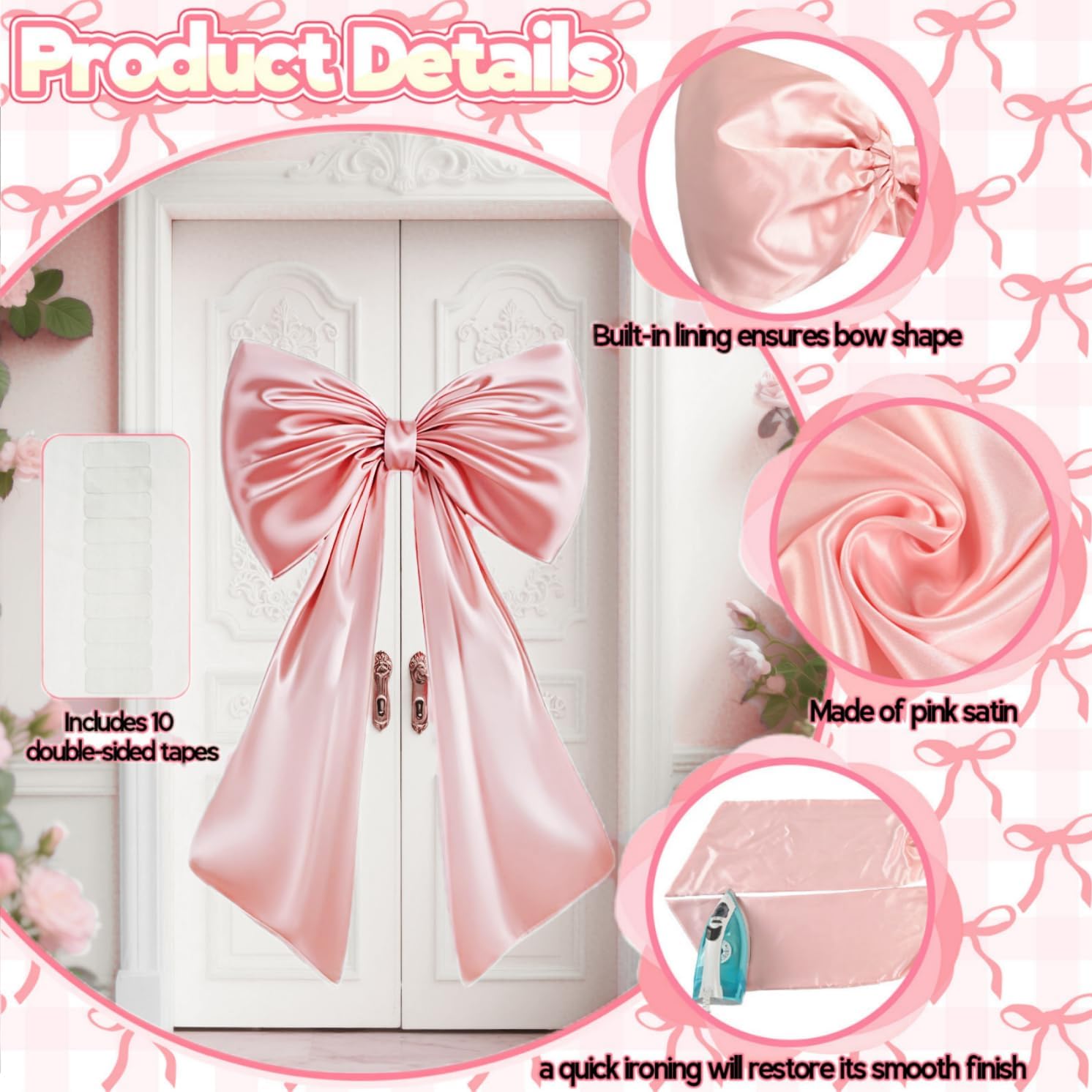 Skiennix Large Pink Bow | 40x24 In Satin Ribbon Tie for Coquette Room Decor & Birthday Decorations