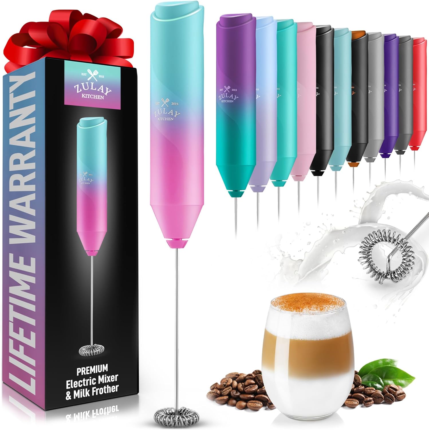 Zulay Kitchen Milk Frother - Handheld Electric Drink Mixer for Coffee & Lattes - Bright Bubblegum Color