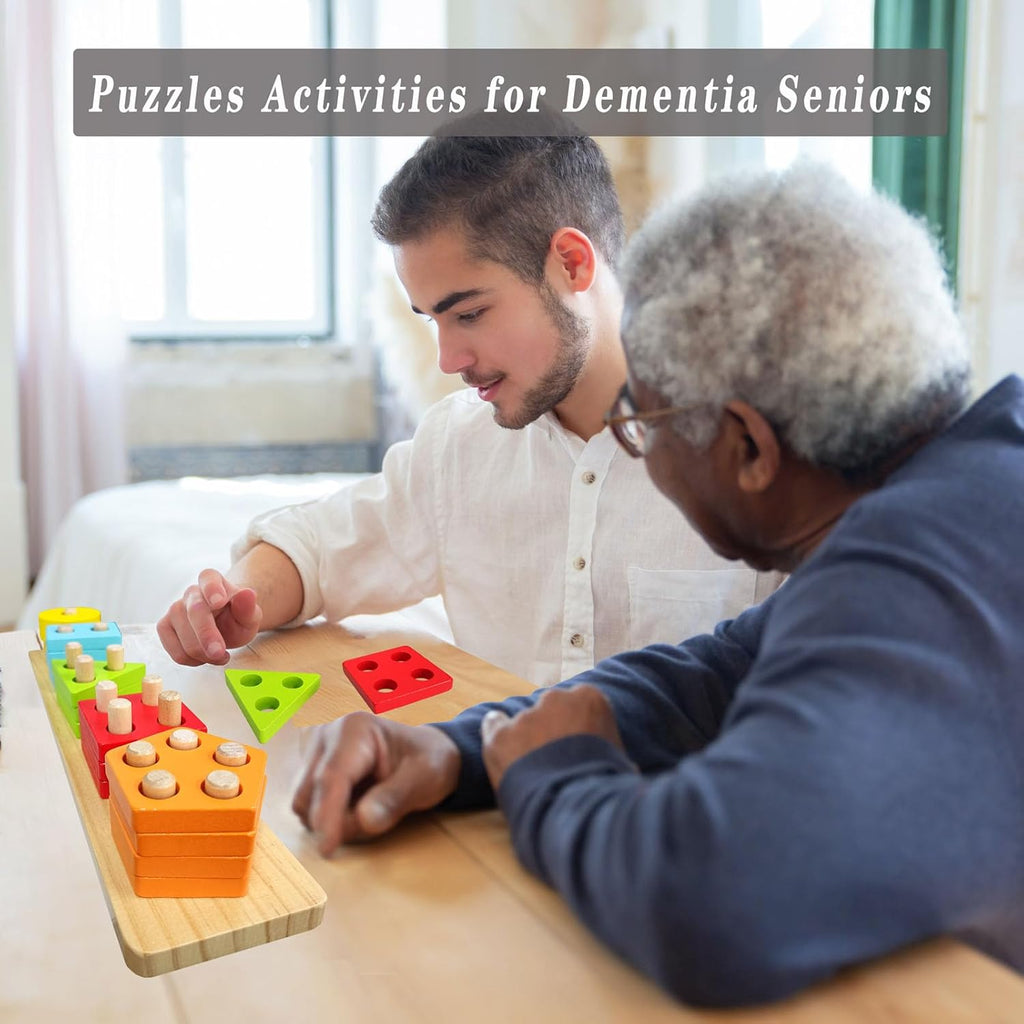 Skiennix Dementia Activities for Seniors - Geometric Colors & Numbers Wooden Puzzles | Cognitive Training Games