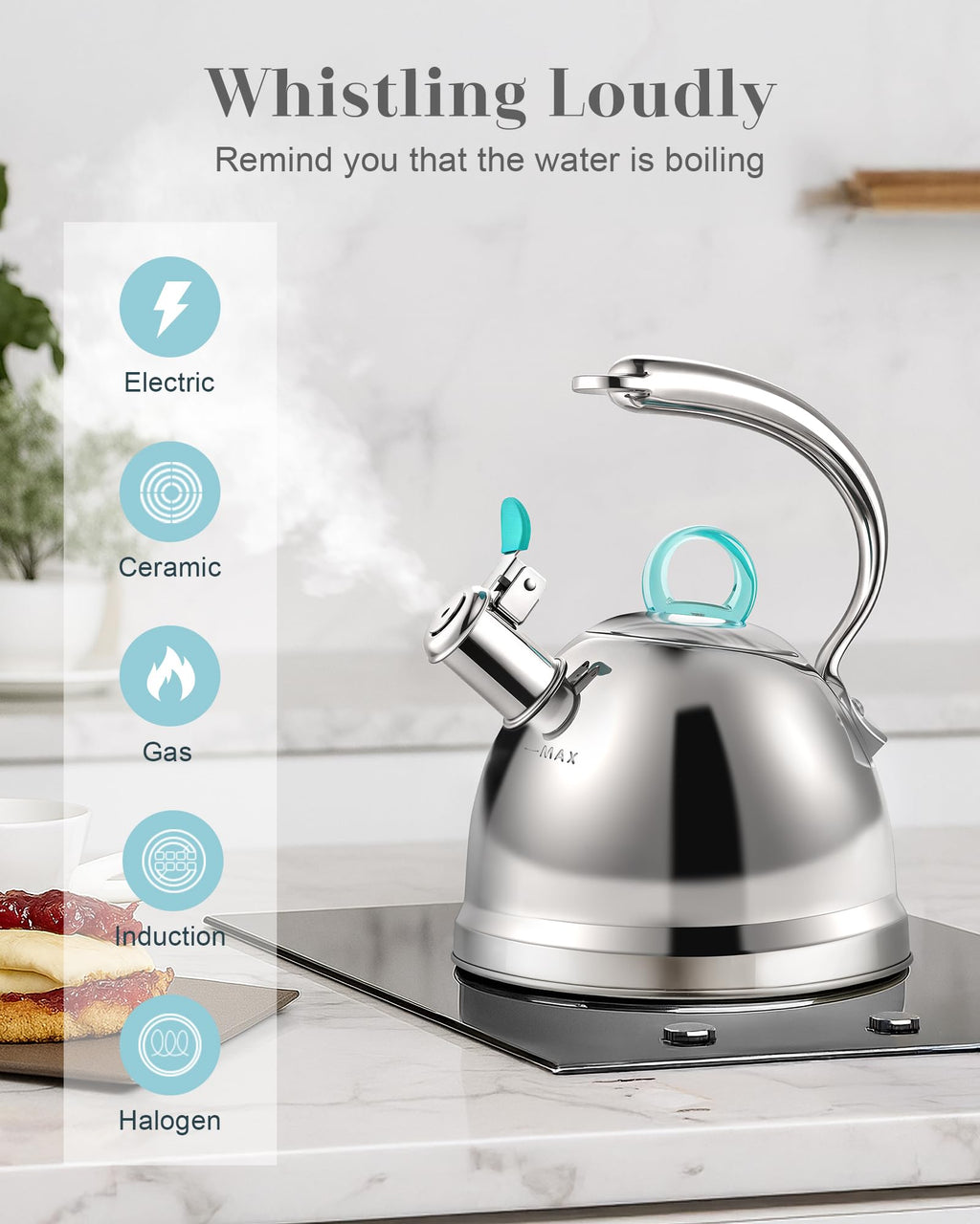 Harriet Tea Kettle Stovetop, 2.5 Quart Whistling Stainless Steel Tea Pot, 3-Layer Base, Unique Ergonomic Handle, Includes Pot Holder & Mat, Electric/Induction/Gas Stovetops Applicable, Mirror Finish
