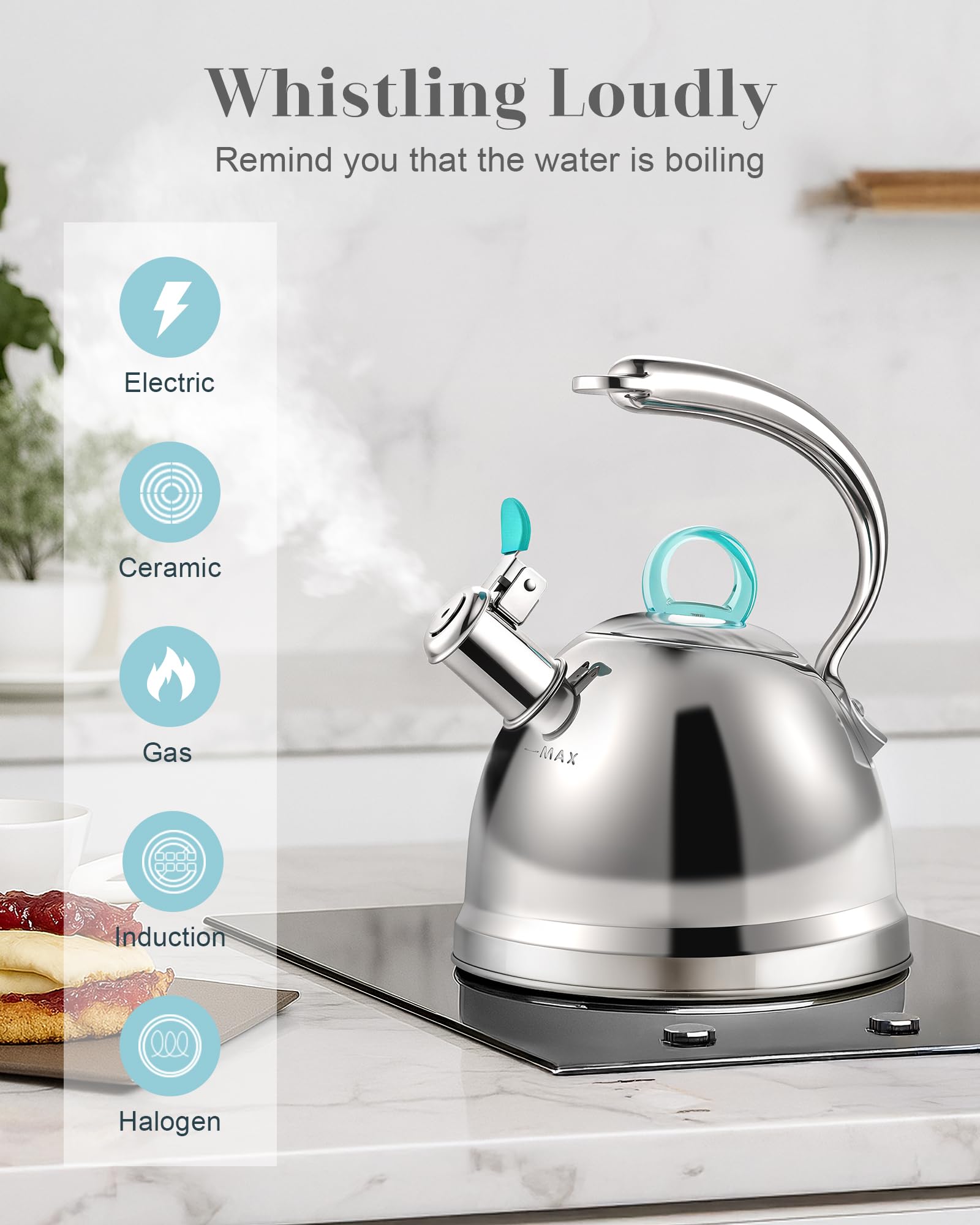 Harriet Tea Kettle Stovetop, 2.5 Quart Whistling Stainless Steel Tea Pot, 3-Layer Base, Unique Ergonomic Handle, Includes Pot Holder & Mat, Electric/Induction/Gas Stovetops Applicable, Mirror Finish