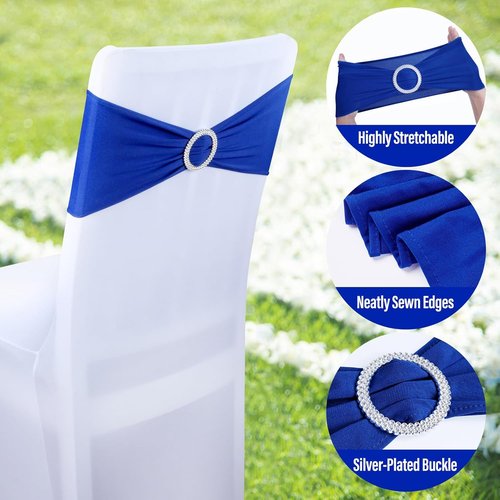LEBENGURU Royal Blue Spandex Chair Sashes - 30pcs Premium Stretch Bows with Buckle Slider for Weddings & Events
