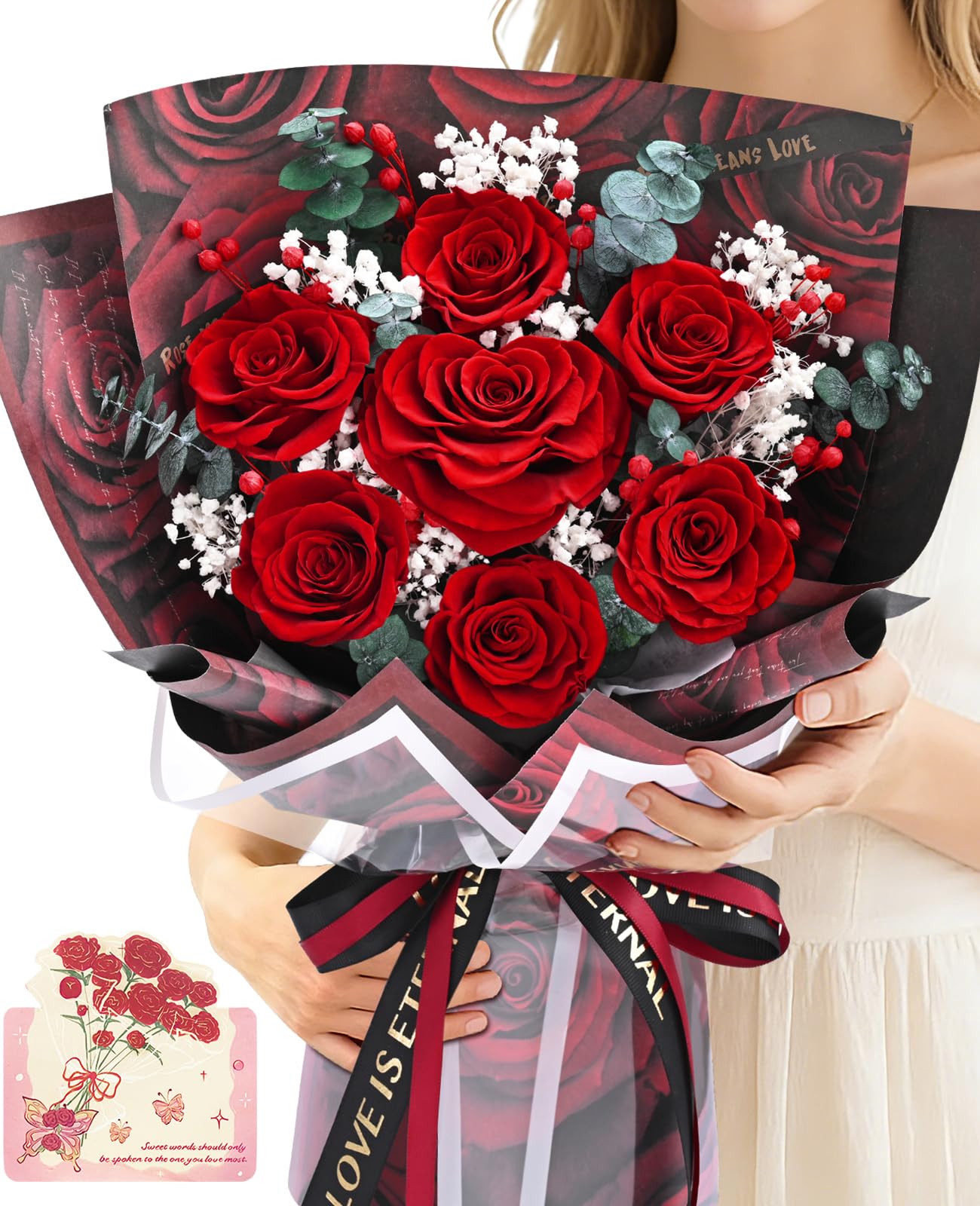 Forever Rose Flowers for Delivery Mothers Day Gifts, 7-Piece Red Preserved Roses Flowers Bouquet with Vase Gift Box, Long-Lasting Flower Bouquet for Mom Her Women Wife Girlfriend Mothers Day