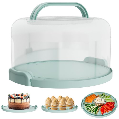 Cake Carrier with lid and Handle - Multipurpose Cake Stand with Lid for 10” Cake, Pie, Cupcakes - Cake Holder & Lid, Plastic Cake Container, Round Cake Cover for Transport & Storage (Seafoam Green)