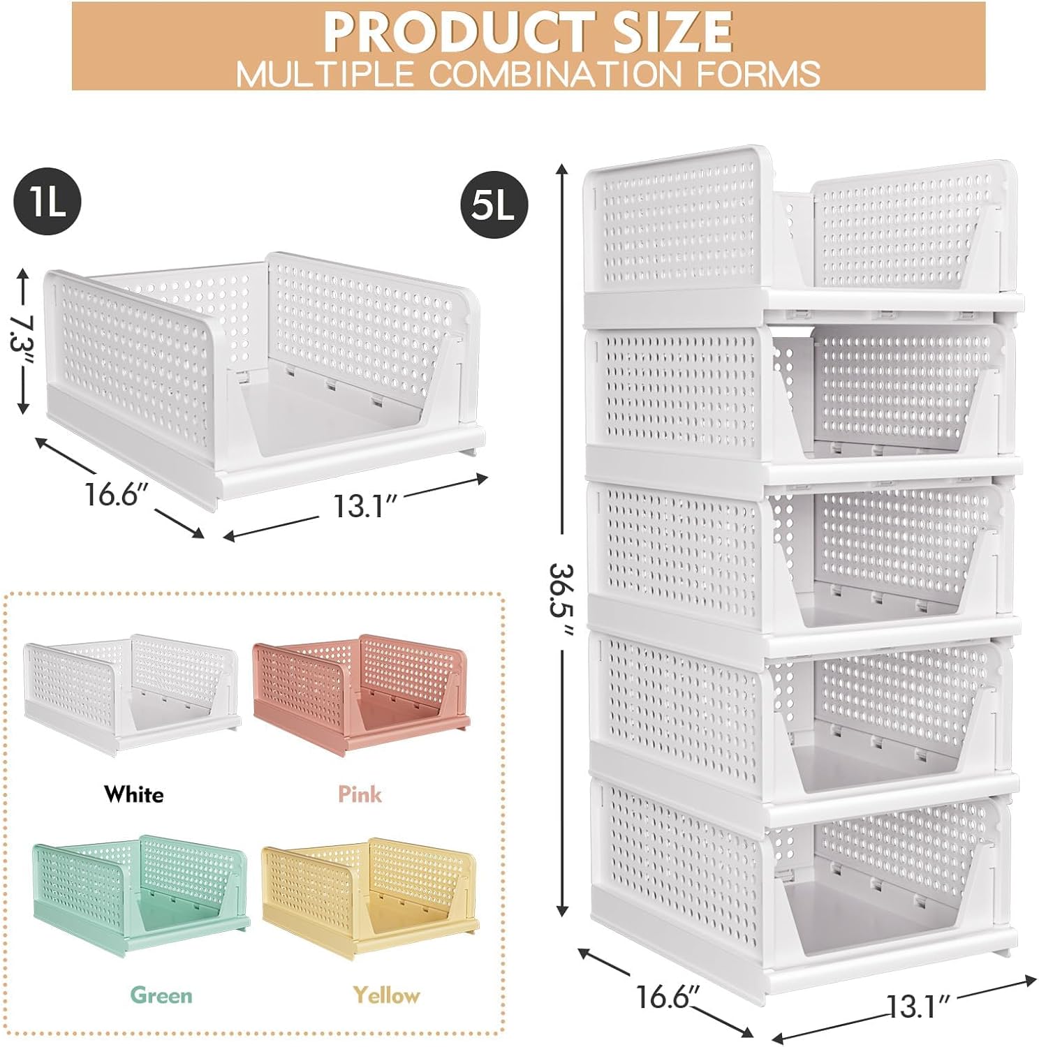 Stackable Closet Storage Baskets by [Brand Name] - Multifunctional & Foldable Organizers | Waterproof, Space-Saving Design, White - 5 Pack