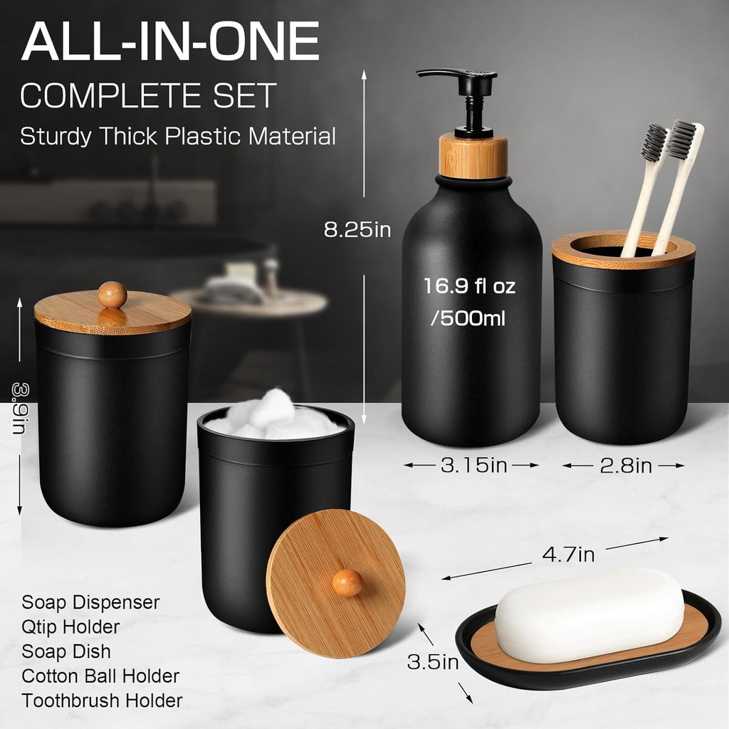 Matte Black Bathroom Accessories Set by [Brand Name] - 5-Piece Plastic Set with Soap Dispenser, Toothbrush Holder & More