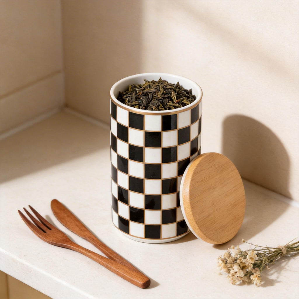 XYQXYQ Kitchen Countertop Ceramic Checkered Canisters,Black And White Food Storage Containers With Lid,Airtight Kitchen Canisters for Flour, Sugar, Coffee, Tea, and Dry Goods (Black, Large)