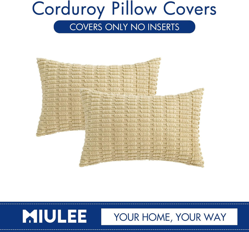 MIULEE Corduroy Lumbar Throw Pillow Covers - Soft Boho Striped Design | 20x12 Inch Beige for Modern Home Decor