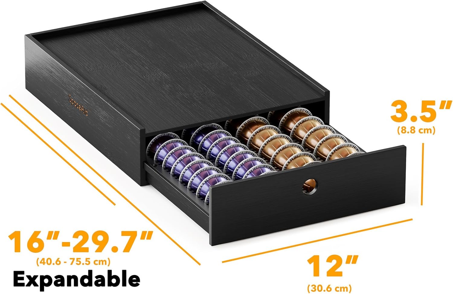 SpaceAid Bamboo Coffee Pod Holder - Stylish Drawer Organizer for Nespresso Vertuo Capsules | Holds 40 Big or 56 Small Pods (Black)