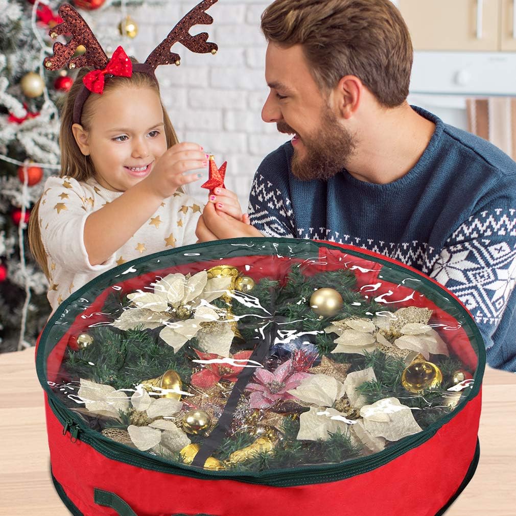 Primode Christmas Wreath Storage Bag - 30" Garland Container with Clear Window for Easy Holiday Organization - Durable 600D Oxford Material (Red)
