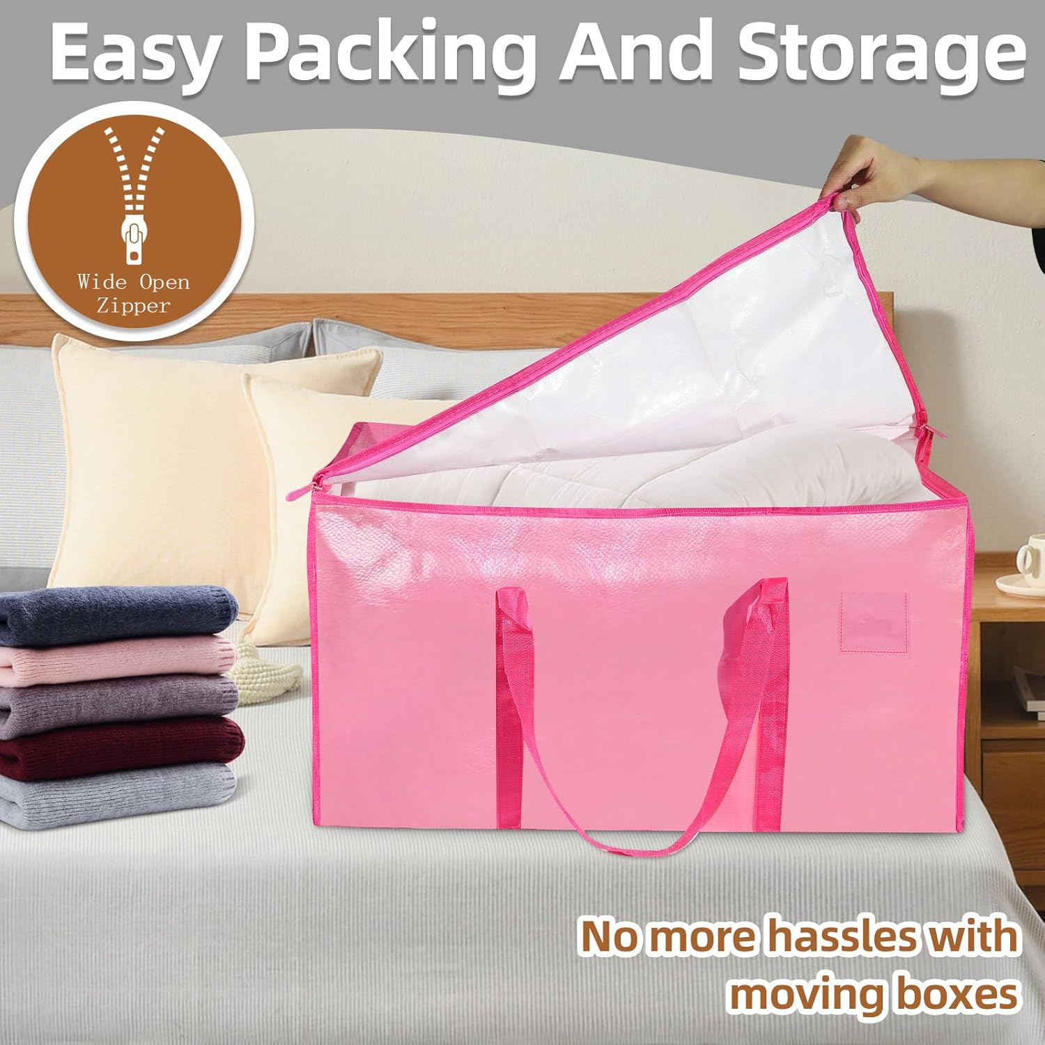 Skiennix Extra Large Heavy Duty Moving Bags - Waterproof Storage Totes with Zippers & Handles | 8 Pack (Pink)