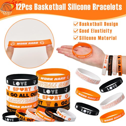 SNLN 12 Sets Basketball Party Favors Basketball Goodie Bags for Boys Includes Drawstring Bag Silicone Bracelet Keychain Tattoo Sticker for Sports Goodie Bags Basketball Birthday Party Supplies Decor