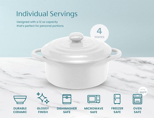 Kook Mini Cocotte Set - Small Ceramic Casserole Dishes with Lids | Oven & Microwave Safe, 12 oz, Set of 4 (Swiss White)