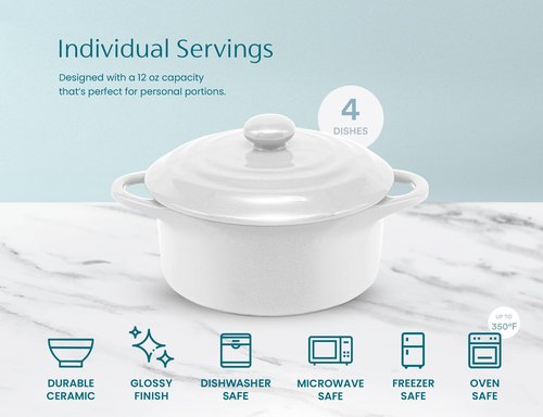Kook Ceramic Mini Cocotte Set, Small Casserole Dishes with Lids and Handles, Individual Baking Ramekins, Oven safe 500F, Microwave & Dishwasher Safe, Stoneware, 12 oz, Set of 4, (Swiss White)