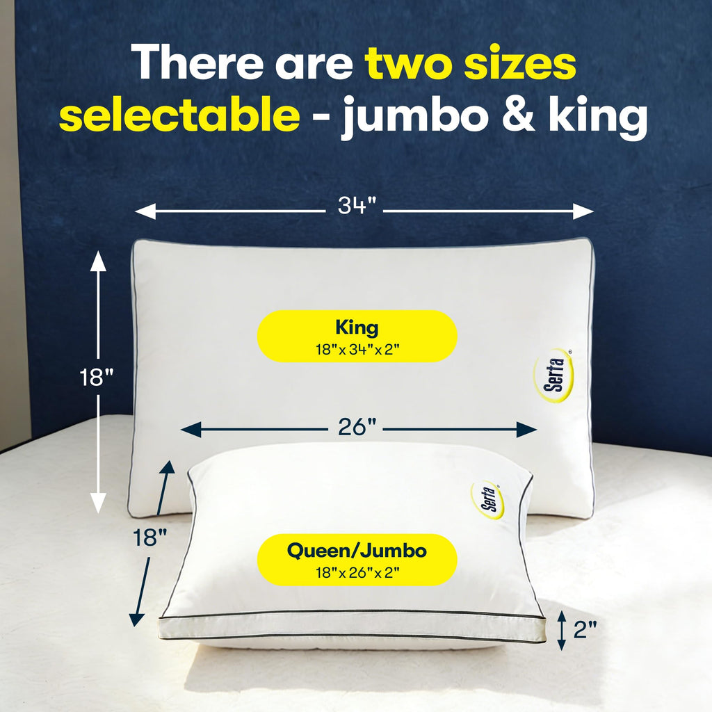 Serta Hotel Collection Bed Pillows Queen/Standard Size Set of 2, 400 Thread Count 100% Cotton Cover, Medium Firm, Support Gusseted Down Alternative Pillow for Back, Stomach or Side Sleepers, 18" x 26"
