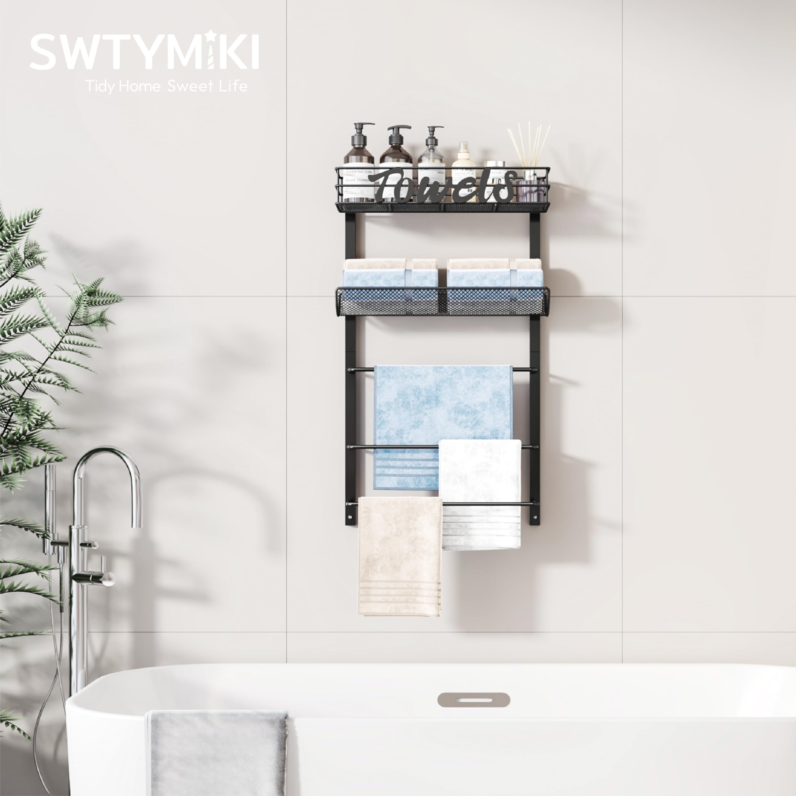 SWTYMIKI Over The Door Towel Racks for Bathroom - 5-Tier Wall Mounted Bathroom Towel Storage Organizer Holder with Metal Shelf, Black